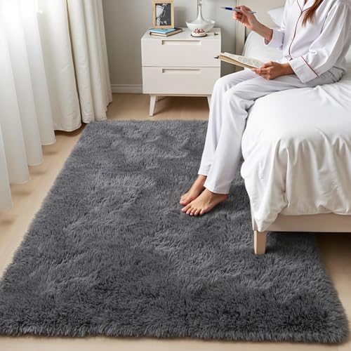 Zentavio Area Rugs for Living Room Grey Rugs for Bedroom 4x6 Carpet Fluffy Furry Soft Shag Aesthetic Plush High Pile Gray Throw Rug for Nursery Kids Room Dorm