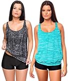 Octopus 3tlg. Damen Oversize Tankini Set zum Kombinieren! 2 Oberteile und 1 Hotpants (sw) f5495 Farbe: G(1382+1383)-HP1(sw) Tankini Oberteil Grau meliert + Türkis meliert, Hotpants (sw), Gr. 46