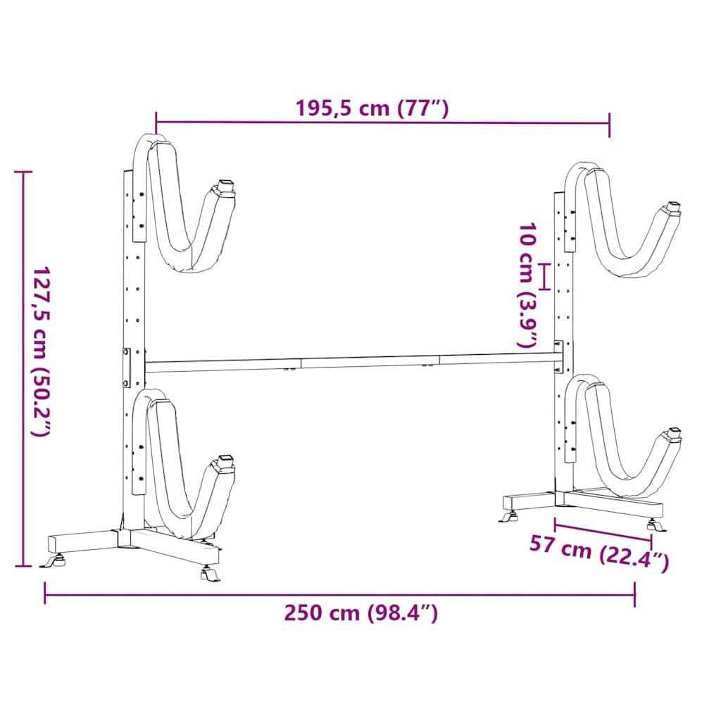 vidaXL Soporte para 2 Kayaks Acero 250x57x127,5 cm, Estante de Kayak, Soporte de Kayak Independiente, Estante de Almacenamiento de Kayak Independiente
