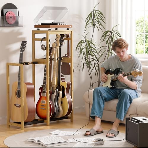 Amazer Guitar Stand, Guitar Rack for Acoustic, Bass, Electric Guitar, Multi Guitar Display Stand Adjustable Bamboo Guitars Holder, Multiple Guitar Stands Floor, for Home Music Studio
