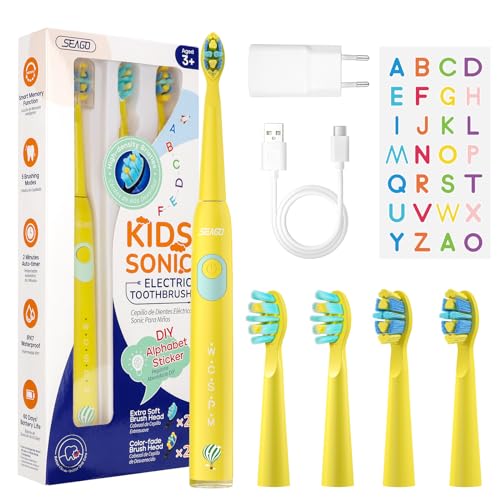 Seago Cepillo Electrico Infantil, Cepillo Dientes Electrico Niños Recargable con Divertidas Pegatinas DIY, 8 Cabezal de Recambio, 5 Modes y Temporizador de 2 minutos, Amarillo