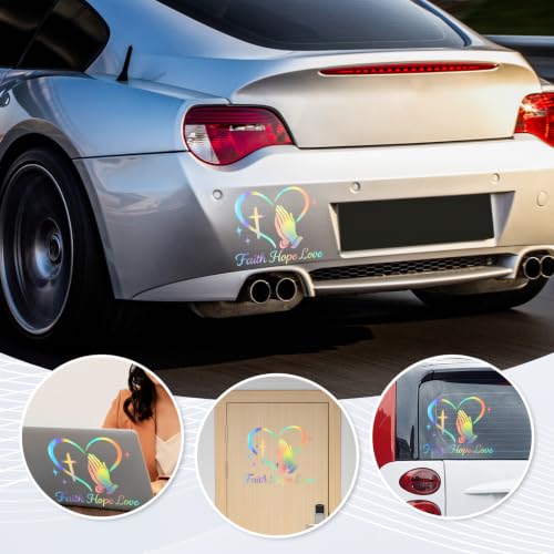 Image of Large Christian Car Decals, Faith Hope Love Praying Hands Stickers - 11 inch x 10 inch Waterproof Vinyl Sticker for Car, Truck, Window, Bumper, Laptop, Wall (Praying Hands-Holographic)