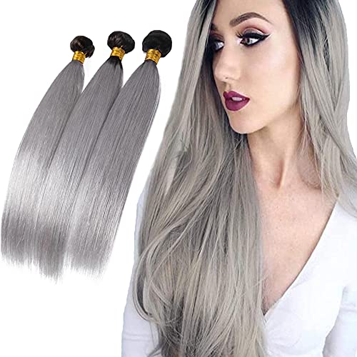 WunnSvm Ombre Human Hair Bundles Ombre Straight Hair 3 Bundles Silver Grey Dark Roots Body Wave 8A Grade Brazilian Human