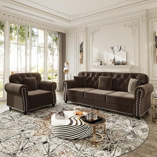Image of KEIKI 2-Piece Chesterfield Sofa Set with 1 Velvet 3-Seater Sofa & 1 Single Sofa, Upholstered 4-Seater Couch Set with Nailhead Trim & Rolled Arms & 1 Ottoman & 4 Pillow, for Living Room, Brown