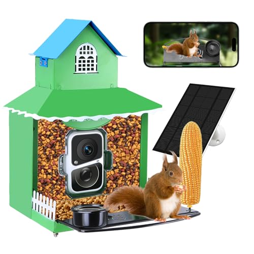 Squirrel Feeder with Camera Solar Powered Metal Smart Squirrel Feeder Camera with Corn Cob Holder Squirrel Houses for Outside 2K HD Live View Ideal for Squirrel Lover