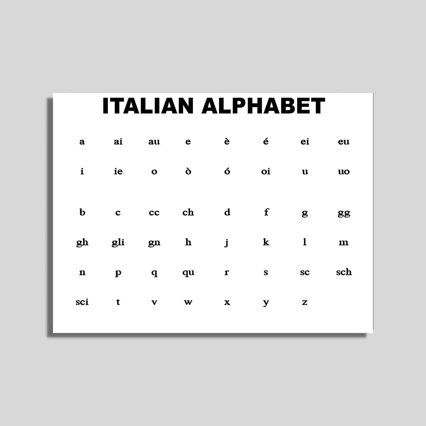 Ara Step Letters Languages Alphabets Educative Art White Educational Charts Poster Prints Unframed N4 (ITALIAN ALPHABET, 297 x 420 mm / 11.7 x 16.5 inches)