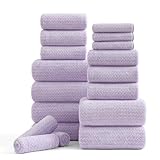 18 Piece Bath Towels Set,100% Microfiber Family Bathroom Towel with Hanging Loops-6 Bath Towels,6 Hand Towels,6 Washcloths,Quick Dry Highly Absorbent Shower Towel for Bathroom,Hotel,Spa-Light Purple