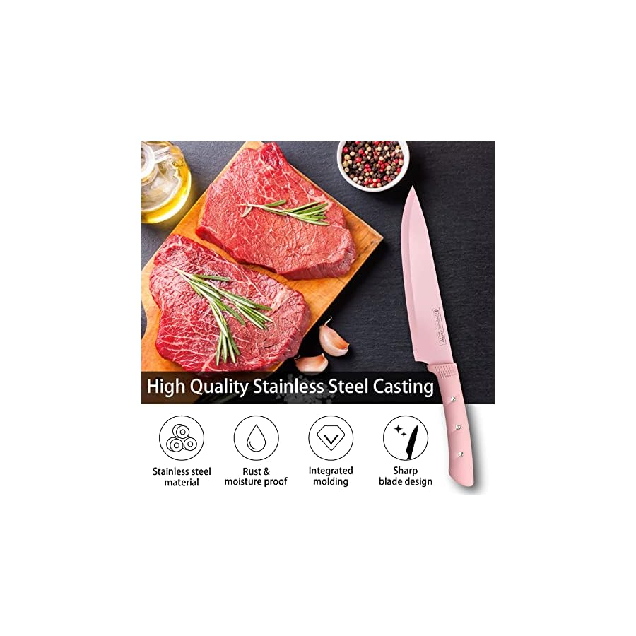 Kitchen Knife Set, Retrosohoo Pink Flower 6PC Stainless Steel Sharp Chef Cooking Non-slip Knife Set with Acrylic Stand & Block, Non-stick Colorful Coating Gift for Women Girls (Pink)