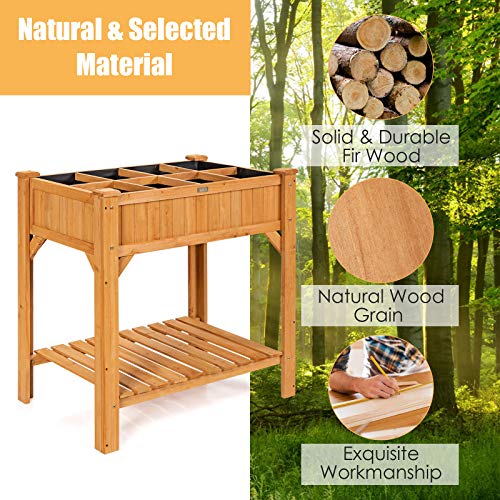 Giantex Raised Garden Bed, Elevated Planter Box Kit With 8 Grids & Liner For Herbs Vegetables Flowers, Outdoor Solid Fir Wood Planting Container With Legs & Storage Shelf For Backyard Patio (Natural) #TOP5