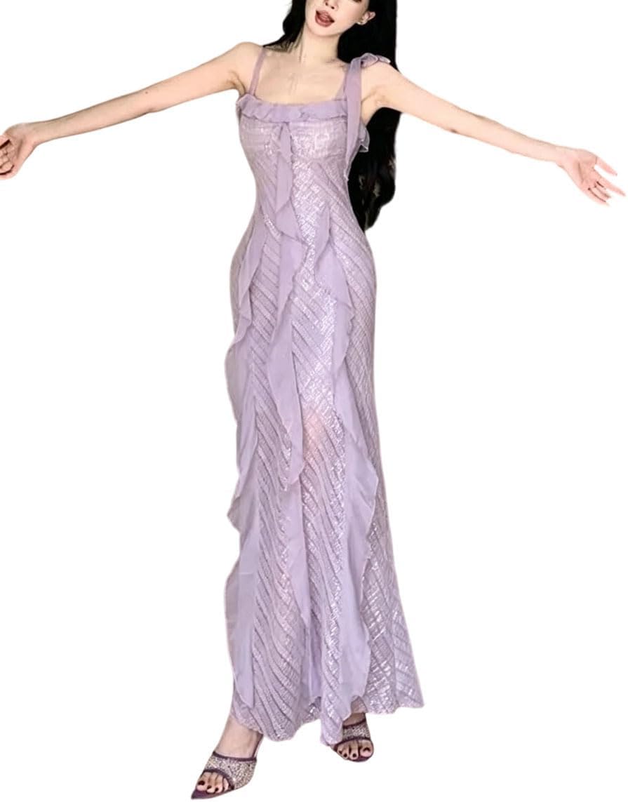 Women's Vintage Sequin Sleeveless Slim Slip Long Dress Backless Ruffles Vacation Party Evening Dress