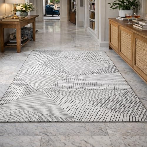 Tapis géométrique abstrait noir blanc lavable en machine cuisine - 2