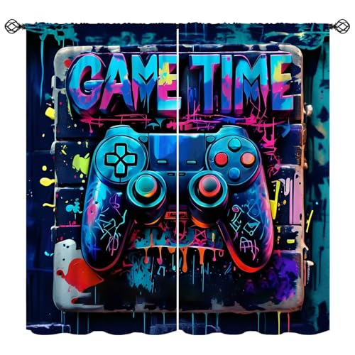 Blue Graffiti Gaming Curtains Modern Hippy Colorful Video Game Gamepad Blackout Window Treatment Blue Purple Cyan Teen Boys Men Art Bedroom Living Room Game Room Decor Window Drapes 42W X 45L