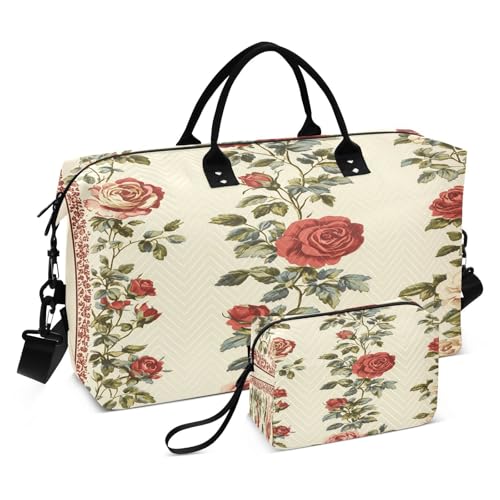 STAYTOP Bolsa esportiva estilo vitoriano com bordas com rosas 2 peças, bolsas esportivas para homens e mulheres, bolsa de ginástica para o fim de semana com bolsa de higiene pessoal