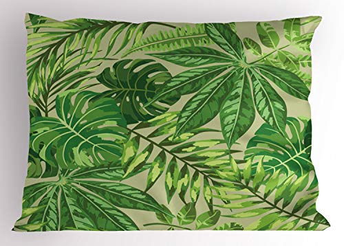 Ambesonne Green Leaf Pillow Sham, Exotic Pattern with Tropical Leaves Fresh Jungle Aloha Hawaii, Decorative Standard Size Printed Pillowcase, 26