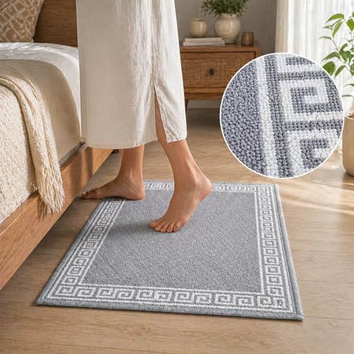 Image of Matz&More Greek Single Line Floor Mat | 40x60 CM | Grey White | Nylon Tufted Gel Baking Anti-Slip | Doormat for Home Entrance, Kitchen & Bedroom