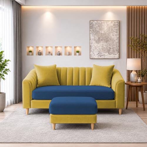 Image of Doraldo 2 Seater Sofa Set with Ottoman for Living Room (Blue Yellow) Premium Fabric Sofa