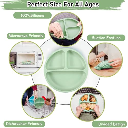 Image of Xacton Silicone Suction Plates for Baby Microwave,Dishwasher, Freezer Safe Unbreakable | 3 Divided Portion with 4 Suction Cup Feeding Plate for Baby & Toddlers (Pink)