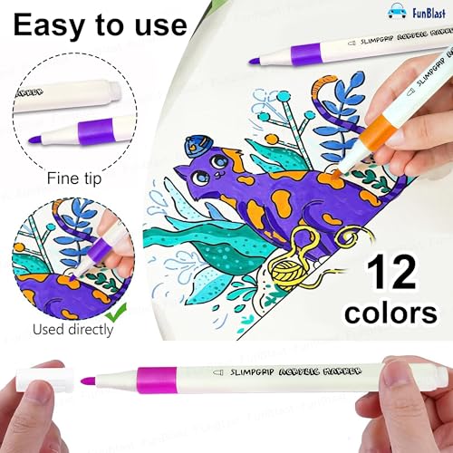 Image of FunBlast Acrylic Paint Markers - Set of 12 Vibrant Colors, Permanent Water-Based Marker Pens for Rock Painting, DIY Crafts, Canvas, Glass & More