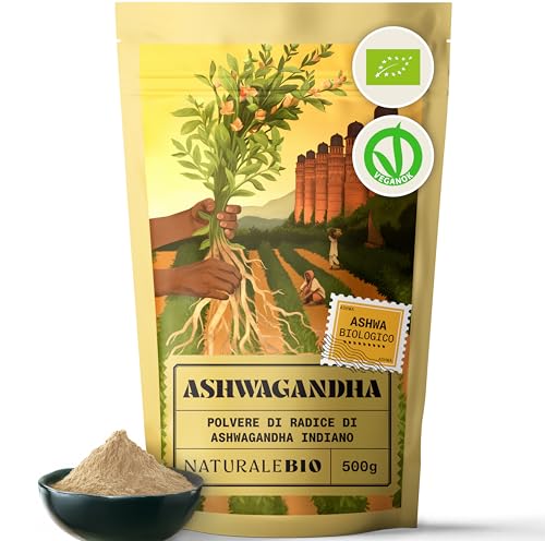 NaturaleBio Ashwagandha Biologica in Polvere 500g. Ginseng Indiano. 100% Naturale e Pura, Prodotto in India dalla Radice di Withania somnifera Bio