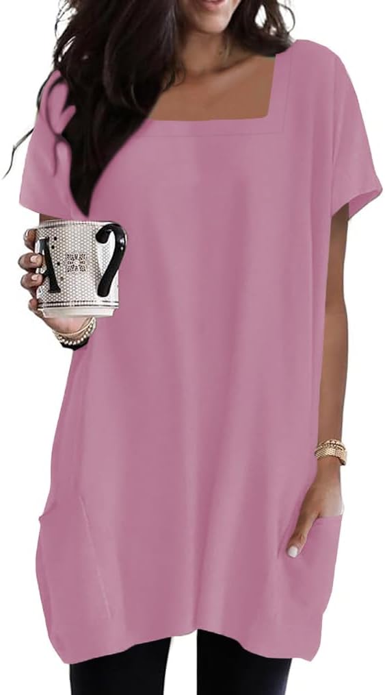Poetsky 2026 Summer Tunic or Tops for Women to Wear with Leggings Square Neck Casual Long T Shirts with Pockets S-3XL