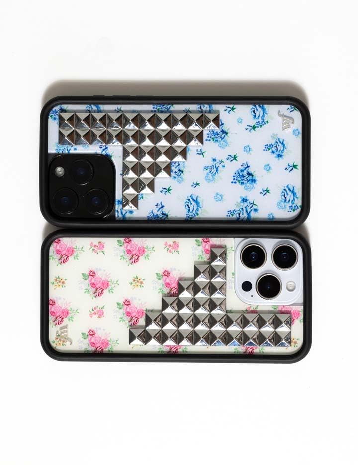 Image of Wildflower Cases - Compatible with iPhone 16 Pro Max | Protective Black Bumper, 4ft Drop Test Certified, Women Owned Small Business | Trendy Original Silver | Stud Pyramid Collection - Vintage Floral