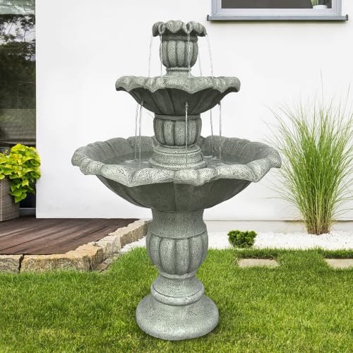 Bodenbrunnen aus Beton Outdoor, Ø67 cm Kaskadenbrunnen mit Pumpe, Wetterfester Gartenbrunnen für Terrasse