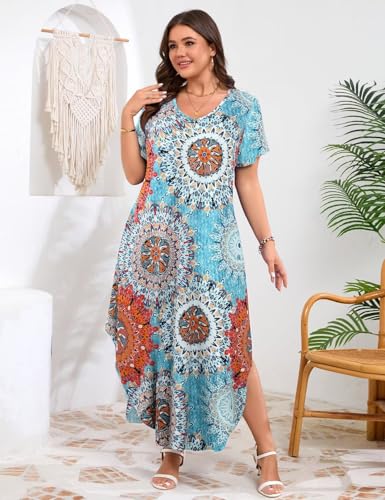 Image of JollieLovin Womens Plus Size Casual Summer Maxi Long Dress Short Sleeve T-Shirt Loose Sun Dress(L-5X)