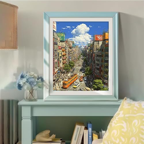 Malen Nach Zahlen Erwachsene StraßEnansicht, Malen Nach Zahlen für Zimmer Deko, DIY Basteln Erwachsene Leinwand Kit, Cloud Paint by Numbers Kits Mit Pinseln und Acrylfarbe, Geschenke, 60x90cm N-6167