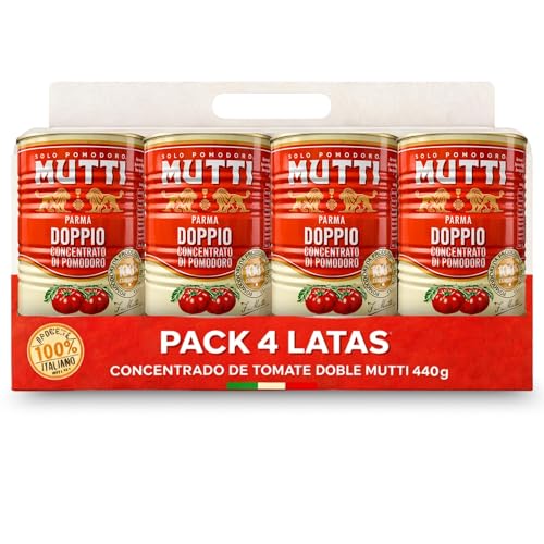 Concentrado de tomate doble Mutti, Pasta de Tomate Doble Concentrada, Pomodoro Doble Concentrado, Elaborado con pomodoro 99,5%, sal, Sin Gluten, Sin Lactosa, Sin huevos, Contiene 4 latas de 440 gr