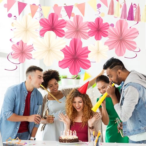 Image of Pink and Yellow Party Decorations Pink Floral Birthday Decoration Supplies | with Colorful Hanging Paper Flowers Tassel Garland and Swirls for Baby Showers Bachelorette Party Supplies Classroom Decor
