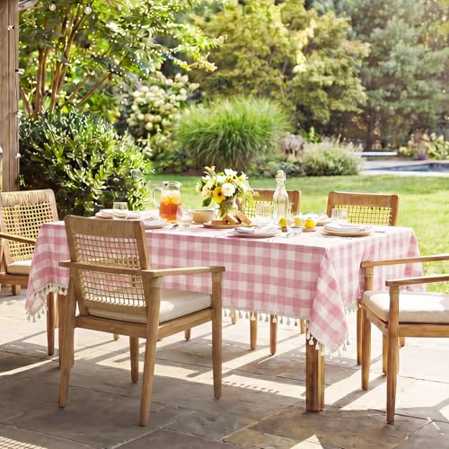 Softalker Pink Gingham Tablecloth Square, Outdoor Linen Cotton Checkered Table Cloth with Tassel, Heavy Duty Wrinkle Free Buffalo Plaid Table Cover for Kitchen Dining Home Party - 55 x 55 Inch by Softalker - Used condition - Image 9