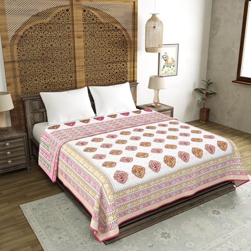 Image of BLOCKS OF INDIA 100% Cotton Dohar King Size Reversible Hand Block Printed Malmal Summer Dohar /Blanket (Pink Rose)-300 TC