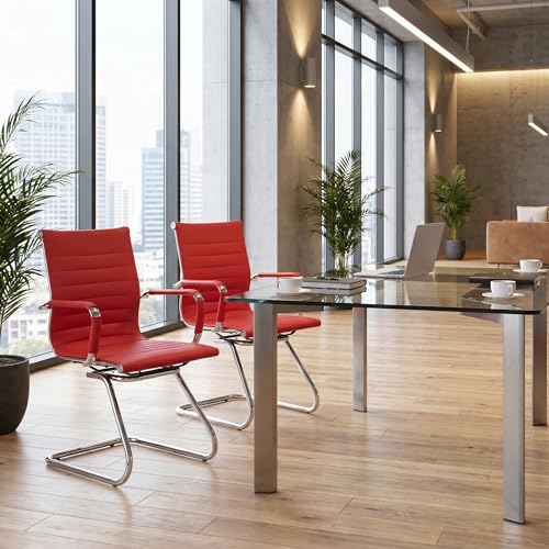 Image of HNY Leather Office Guest & Reception Chairs Set of 2, Modern Waiting Room Chairs with Arms, Desk Chair no Wheels with Sled Base for Conference Room, Burgundy