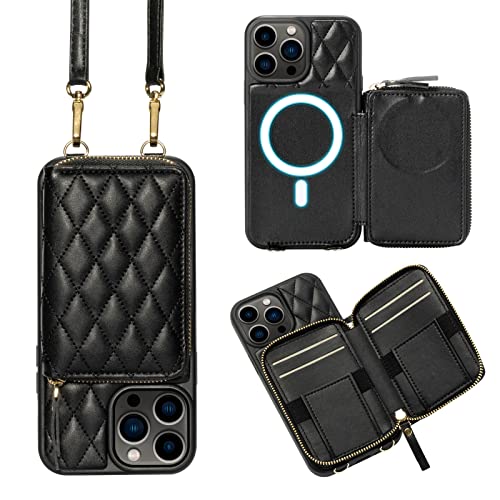 Lameeku Compatible With Iphone 14 Pro Max Wallet Case, Magnetic Wireless Charging Crossbody Wallet Case For Women Shockproof Case Compatible With Iphone 14 Pro Max, 6.7 Inch-Black #TOP17