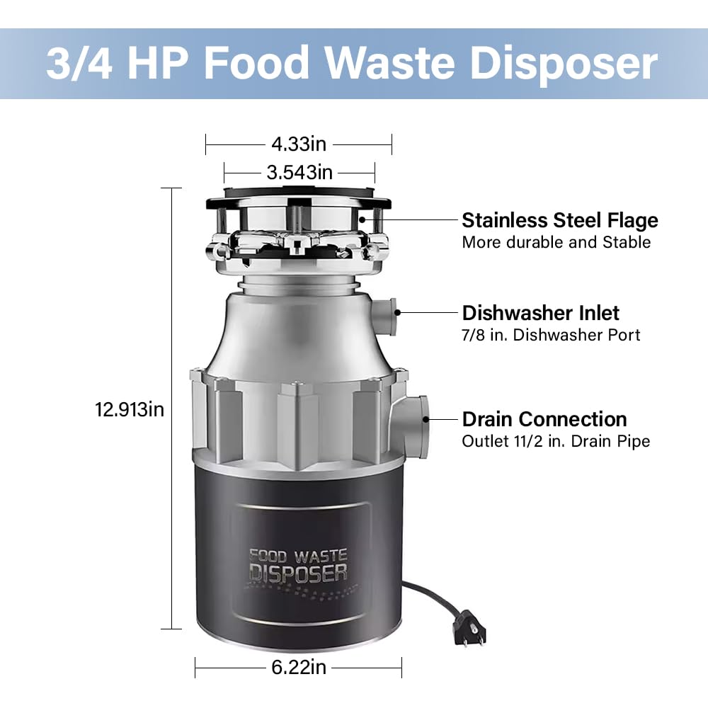Triturador de Basura 3600 rpm, Triturador Para Fregadero de Cocina,Acero Inoxidable,Silencioso, Triturador Para Residuos de Alimentos,cable de Alimentación Incluid