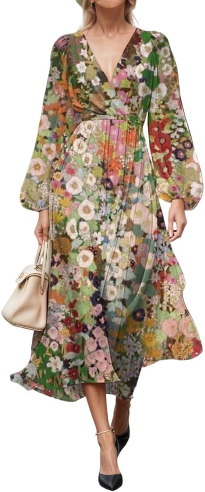 Akivide Women's Fall Chiffon Floral Print Puff Long Sleeve Maxi Dress Empire Waist Dresses for Women 2025 Elegant Classy