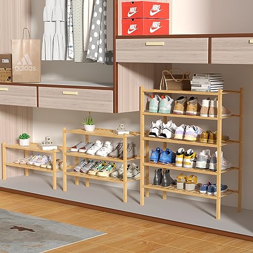 5 Tier Bamboo Shoe Rack for Closet Free Standing Wood Shoe Shelf for Entryway Small Space Stackable 27"x11"x33" (Natural)