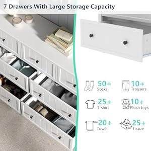 Farmhouse dresser with 7 drawers white dresser for bedroom chest of drawers modern dresser for closet tv stand with large drawers storage dresser organizer clothes for living room hallway  urban country home decor