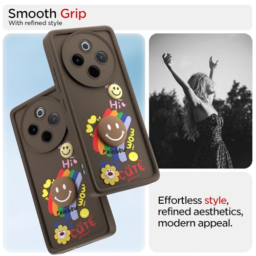 Image of Pikkme Back Cover for Vivo T4 5G / iQOO Z10 5G | Soft Silicone| Cute Rainbow Smile & 3D Cartoon Flower Design | Shockproof Raised Camera Protection Bumper Case (Brown)
