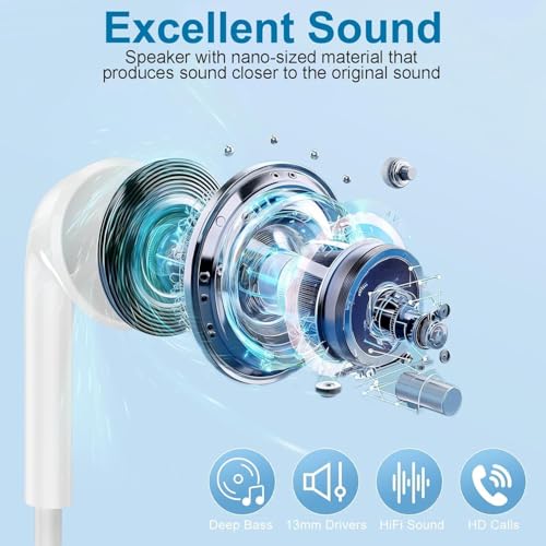 Image of Ankoda Wired Original Stereo Earphones with Built-in Microphone Compatible with iPhone 7 /8 /X /XS /XR /11 /12 /13 /14 Series, Sound, Noise Isolating in-Ear Headphones, White