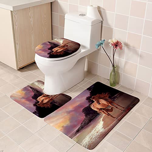 BZSBH Badematte Set 3 Teiliges Memory Foam Badezimmerteppich Landschaft Braunes Pferd, Badgarnitur Badezimmer…
