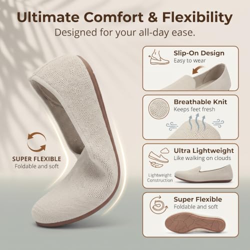 Image of Puxowe Women's Ballet Flats Breathable Knit Slip On Comfortable Round Toe Walking Shoes with Arch Support Insole for Work