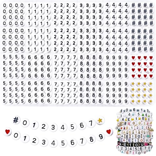 MIIIM 1200 Pcs Serif Number Number Beads for Bracelets 4x7mm Round Number Beads 0-9 for Phone Digits Keychains Necklace with Symbols and Charms (White Black)