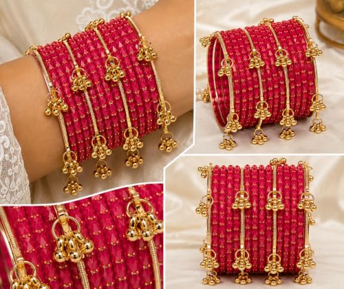 Image of JPS 16 Pcs Trendy Stylish Glass & Kashmiri Ghungroo Bangles Set for Women & Girls | Gold-Plated Traditional Festive Wedding Party Jewellery Chudi Set (12 Glass + 4 Metal)