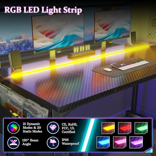 Image of DurayLoly 55 inch Carbon Fiber Gaming Desk, IP65 RGB LED Computer Desk with Side Storage Bag & Headphone Hook, Sturdy Metal Frame Space Saving Home Office Desk for Teens Bedroom Dorm Study Gaming Room