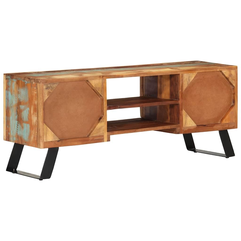 Mobile Porta TV 112x30x45 cm in Legno Massello di Recupero | Mobiletto basso vintage per soggiorno con ante e ripiani in legno riciclato e gambe in metallo.