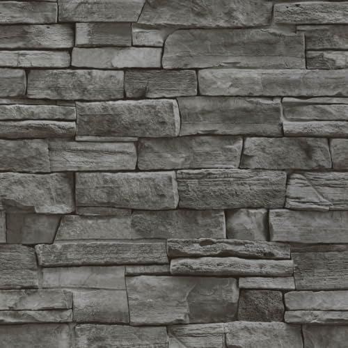 Abyssaly Dark Grey Stone Brick Wallpaper Peel and Stick Backsplash Self-Adhesive Removable Contact Paper Stick on Wall Panels Faux 3D Stone Look Brick Shelf Paper Home Decorations 17.71