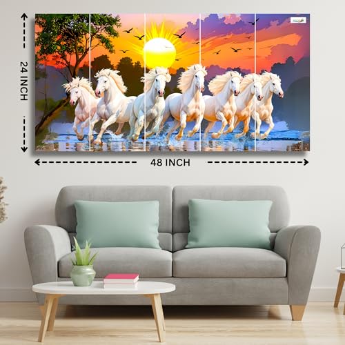 Image of 7 Horses Painting - 24 x 48 Inch 5 Piece Panel Wall Decor Painting | Seven Horse Vastu Wall Frame with Rising Sun | Sparkle Laminated Vinyl on 7mm MDF | For Living Room, Office & Bedroom