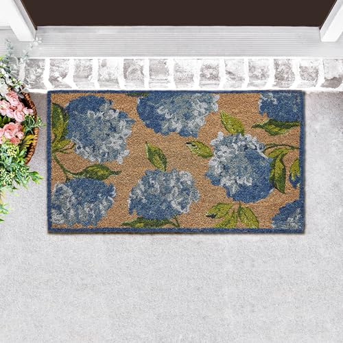 Laura Ashley Slip Resistant Hydrangea Blue Allover Floral Design Coir Doormat - 17.5 x 30 - Natural Fiber Mat for Entryway