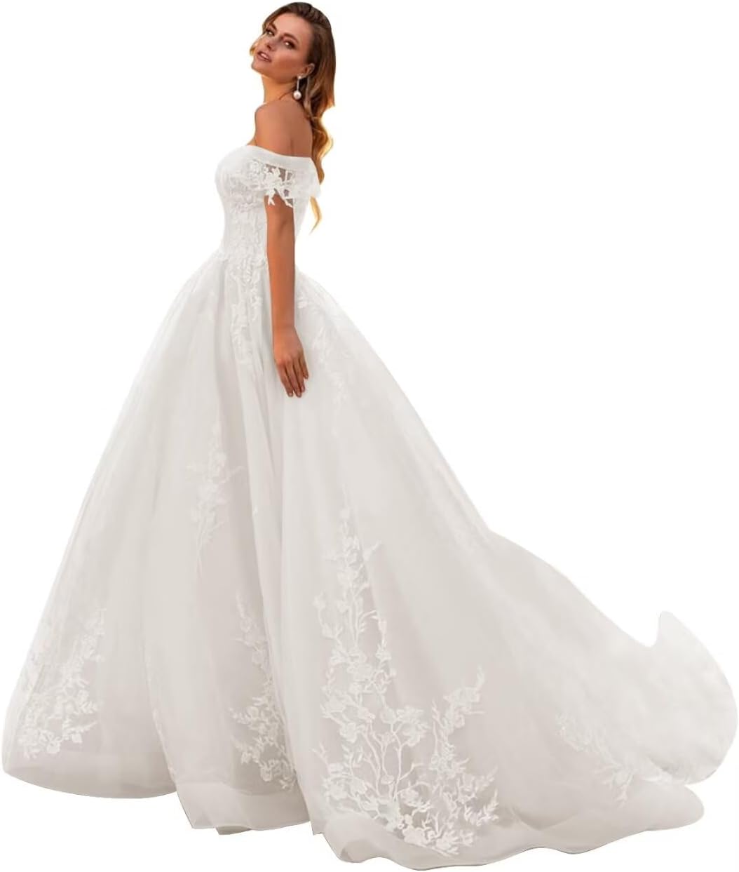 Lace Applique Beach Wedding Dresses for Bride with Train Off The Shoulder Sweetheart Long Bridal Gown